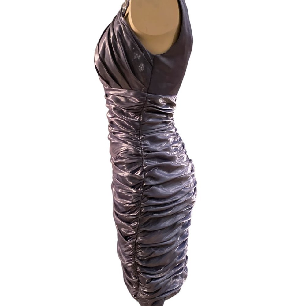 Cachet Rhinestone Neckline Ruched Metallic Bodycon Dress - Picture 3 of 7